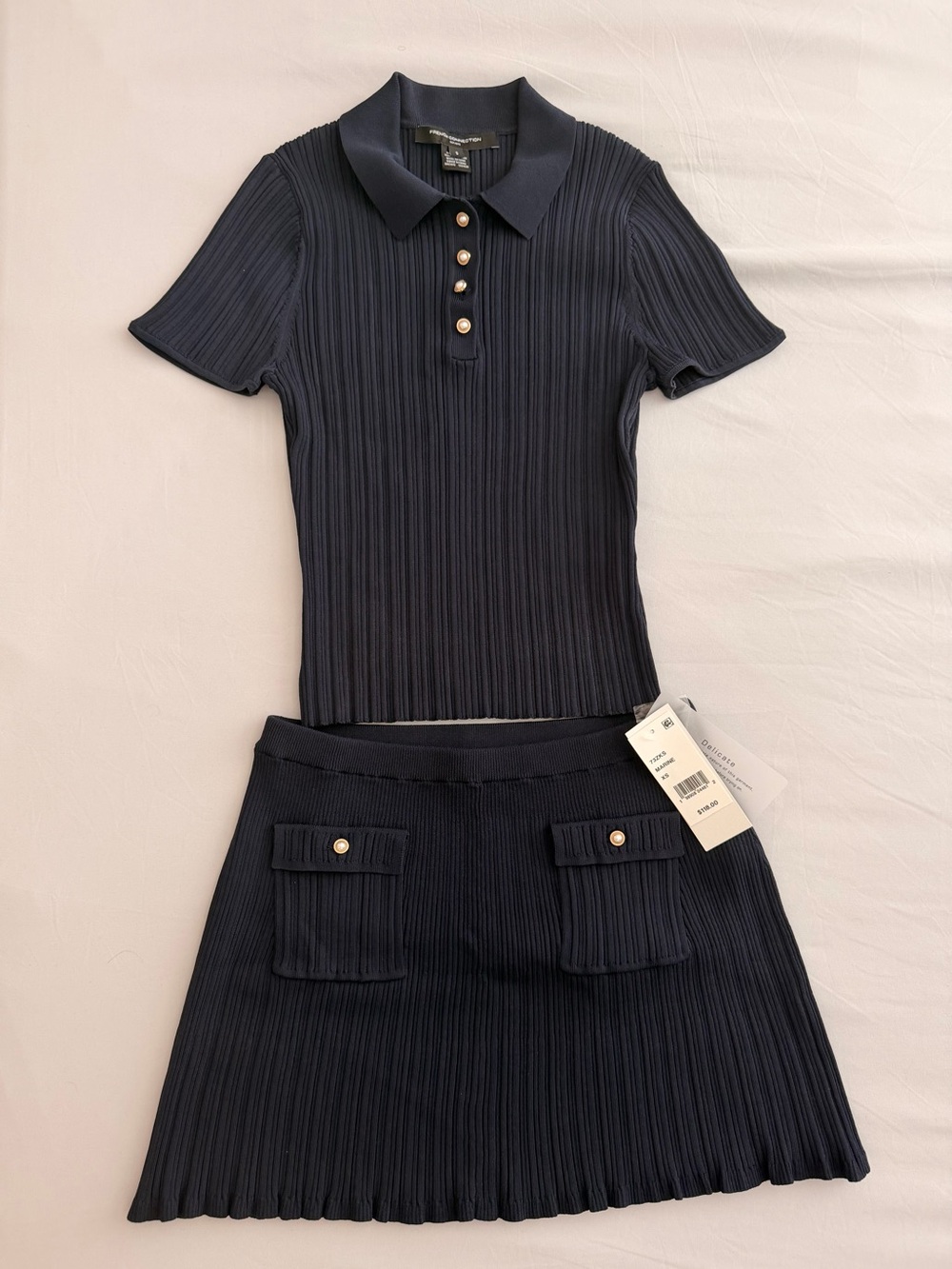 French Connection Marine Ribbed Polo Top and Skirt Set